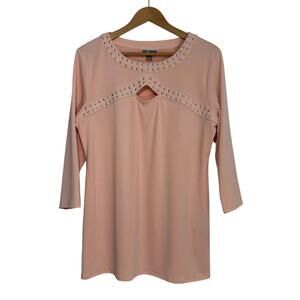 JM Collection Women’s Size Large Pink Silver Studded Keyhole Tunic Top New